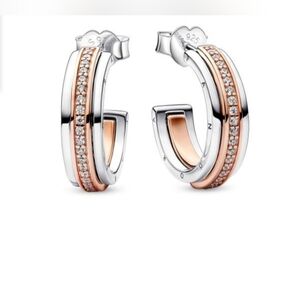 Pandora Silver and Gold Hoop Earrings with Diamond Accents